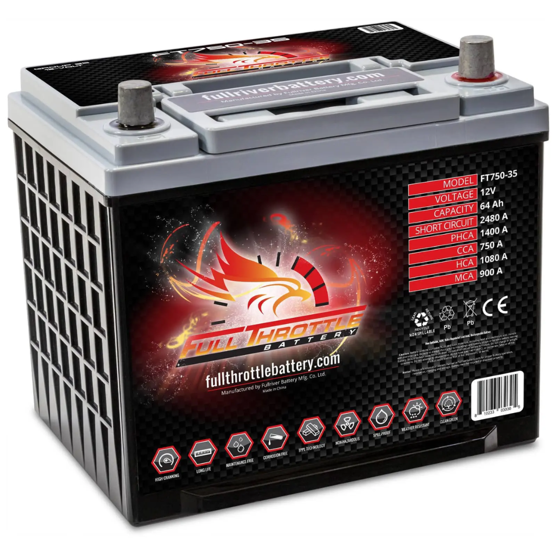 Full Throttle FT750-35 12V 64Ah CCA 750 Amps High-Performance AGM Battery