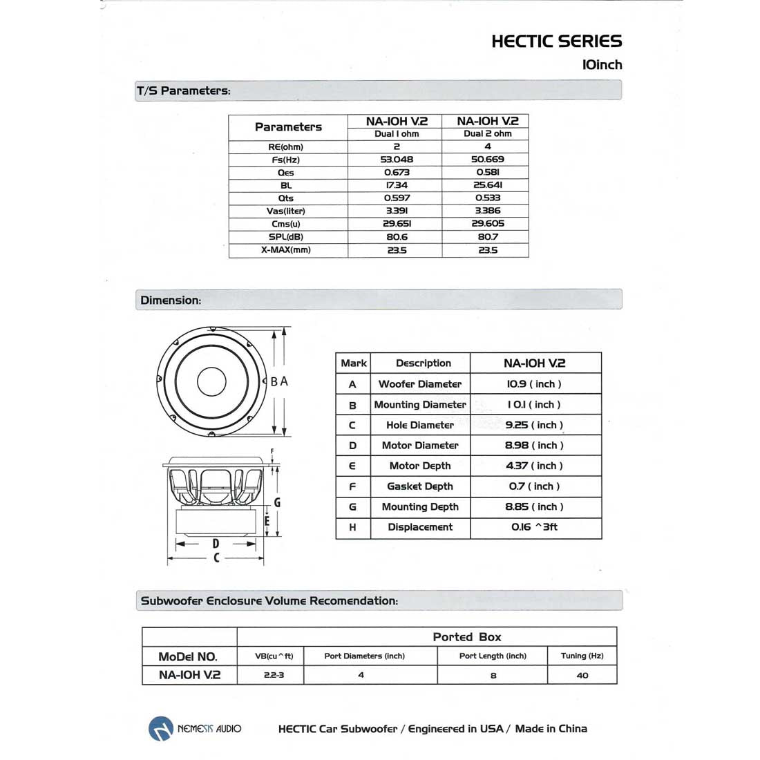 Nemesis Audio NA-10Hv.2 D2 10" 4000W Max Dual 2-Ohm Voice Coil Car Subwoofer