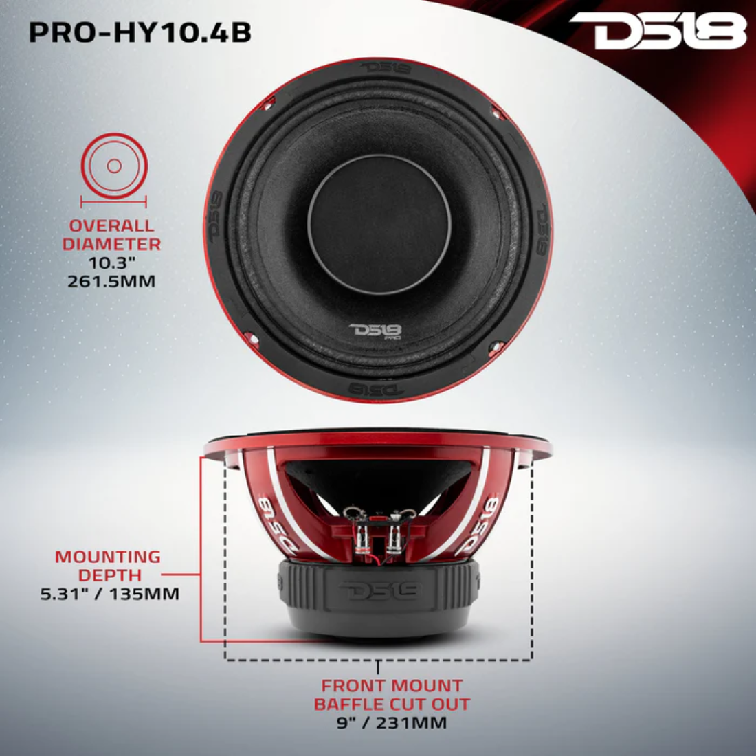 DS18 PRO-HY10.4B 10" 700W Peak 4-Ohm Hybrid Coaxial Midrange Speaker w/ Driver